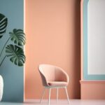 room with pink chair white vase with plant