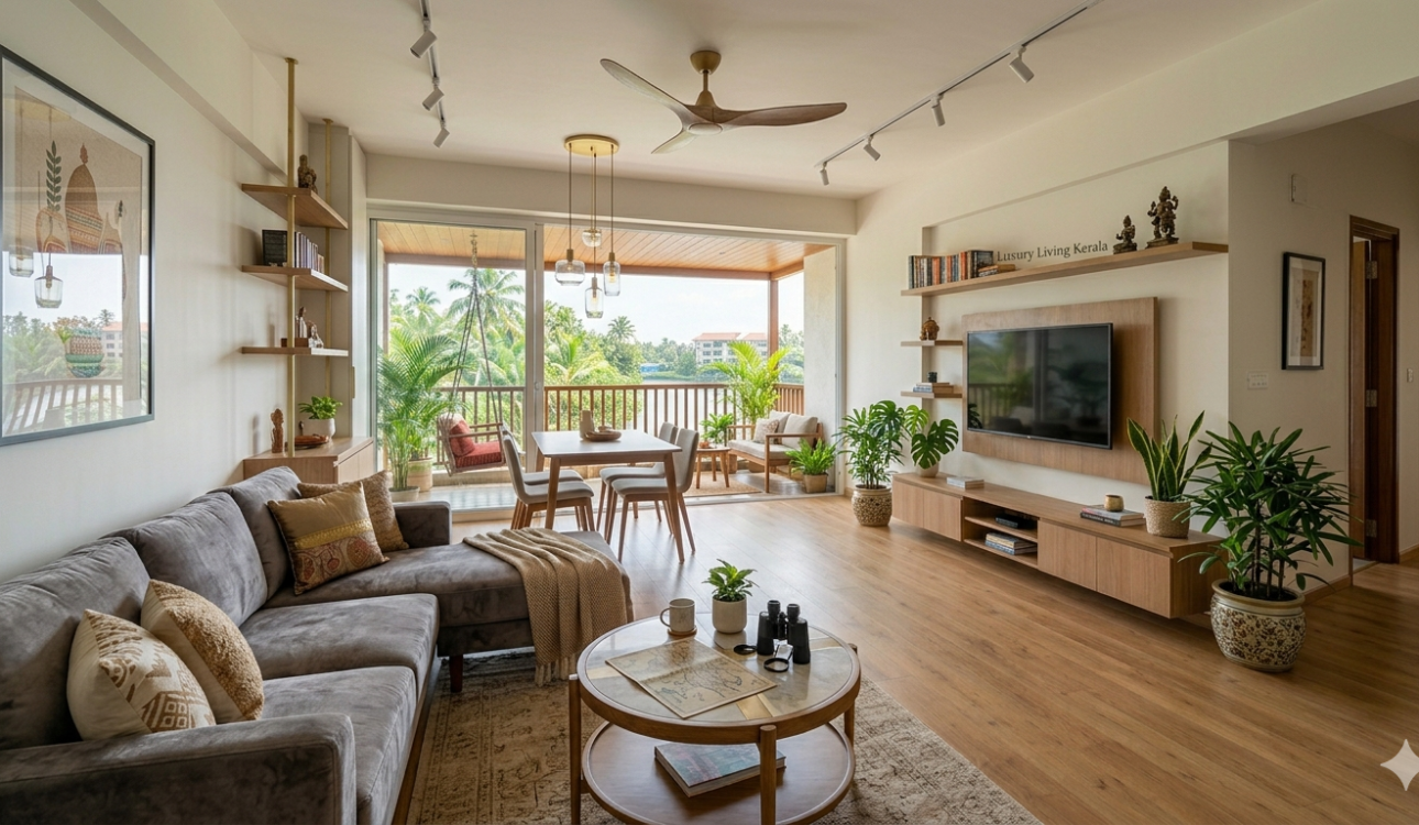 A modern tropical apartment living room in Kochi