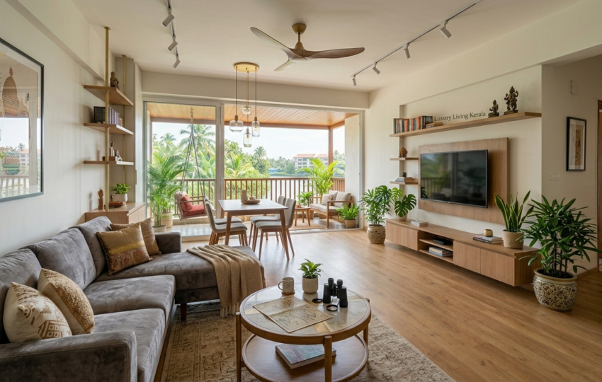A modern tropical apartment living room in Kochi