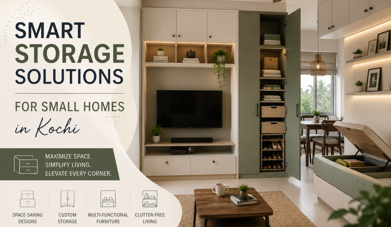 Smart storage solutions for small homes in Kochi with custom storage cabinets, multifunctional furniture, and innovative interior design ideas to maximize space efficiently.