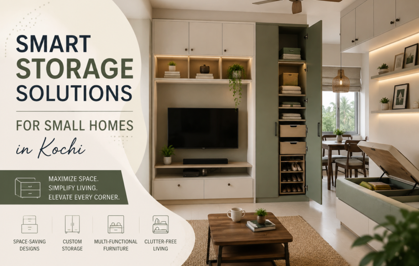 Smart storage solutions for small homes in Kochi with custom storage cabinets, multifunctional furniture, and innovative interior design ideas to maximize space efficiently.