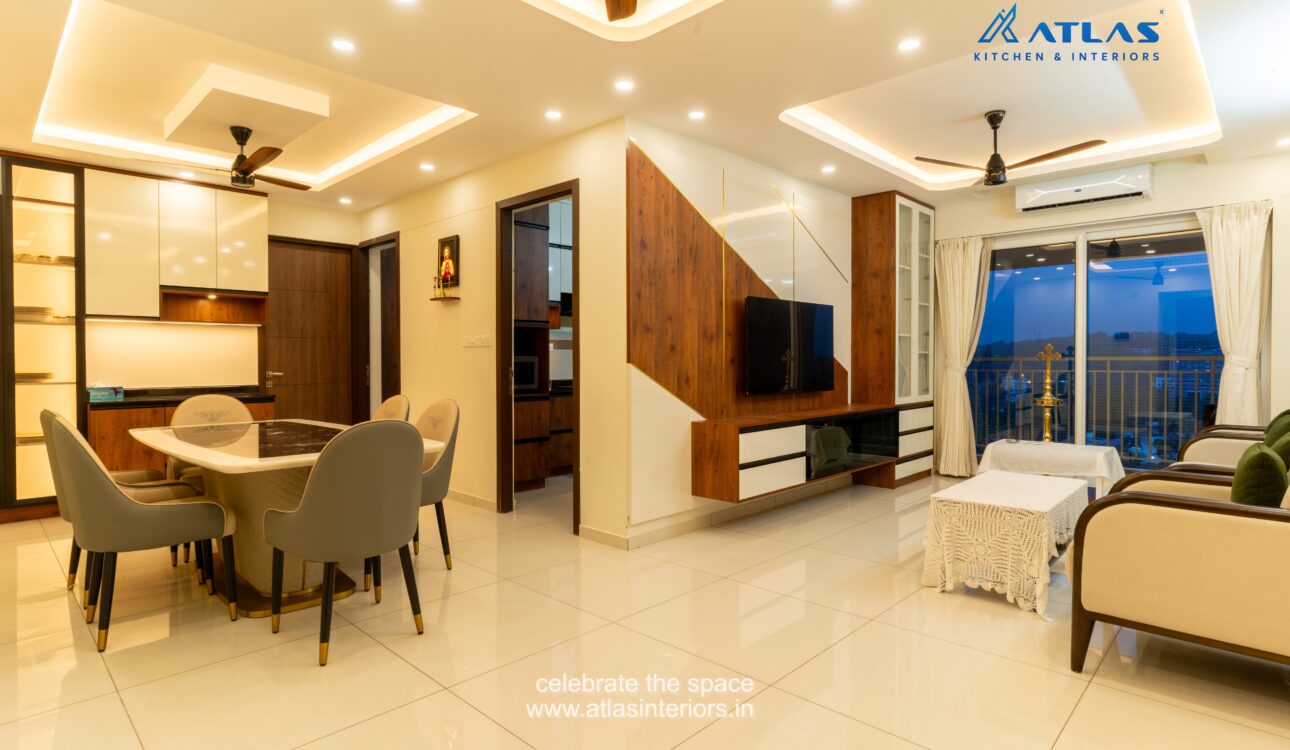 Modern minimalist living room interior design in a Kakkanad apartment flat