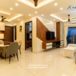 Modern minimalist living room interior design in a Kakkanad apartment flat