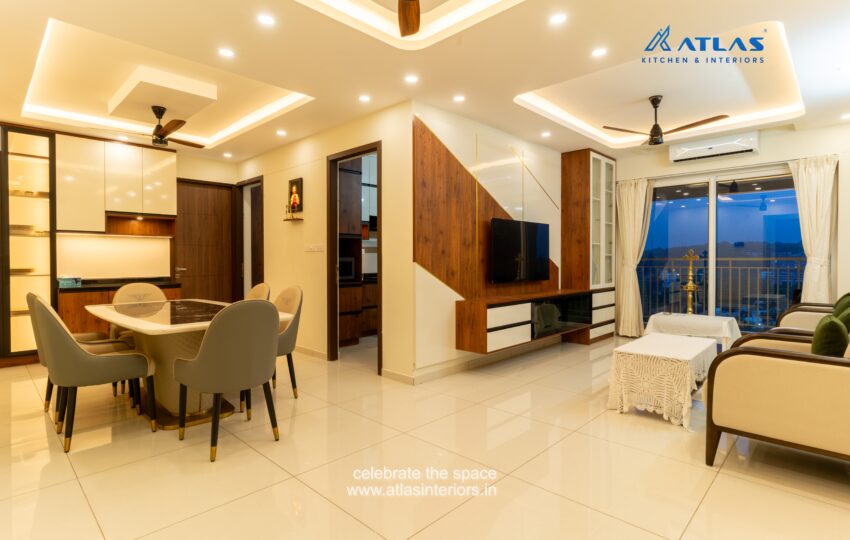 Modern minimalist living room interior design in a Kakkanad apartment flat