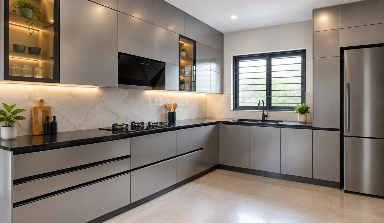 Modern kitchen with sleek grey aluminium cabinets, black countertops, marble backsplash, built-in appliances, and warm under-cabinet lighting.