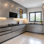 Modern kitchen with sleek grey aluminium cabinets, black countertops, marble backsplash, built-in appliances, and warm under-cabinet lighting.