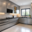 Modern kitchen with sleek grey aluminium cabinets, black countertops, marble backsplash, built-in appliances, and warm under-cabinet lighting.