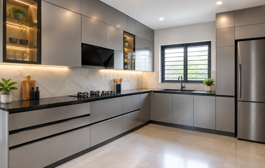 Modern kitchen with sleek grey aluminium cabinets, black countertops, marble backsplash, built-in appliances, and warm under-cabinet lighting.