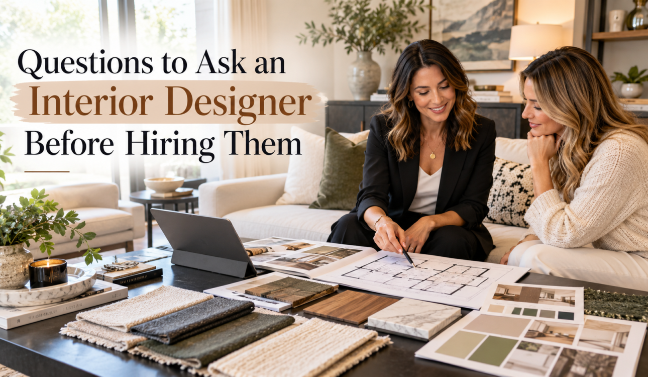 Interior designer consulting with a client in a stylish modern living room, reviewing floor plans, fabric swatches, material samples, and colour palettes before starting a home interior design project.best interior desiger , dlife home interiors.