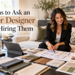Interior designer consulting with a client in a stylish modern living room, reviewing floor plans, fabric swatches, material samples, and colour palettes before starting a home interior design project.best interior desiger , dlife home interiors.