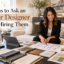 Interior designer consulting with a client in a stylish modern living room, reviewing floor plans, fabric swatches, material samples, and colour palettes before starting a home interior design project.best interior desiger , dlife home interiors.
