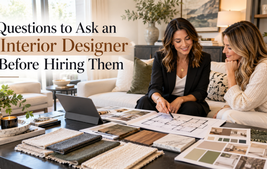 Interior designer consulting with a client in a stylish modern living room, reviewing floor plans, fabric swatches, material samples, and colour palettes before starting a home interior design project.best interior desiger , dlife home interiors.
