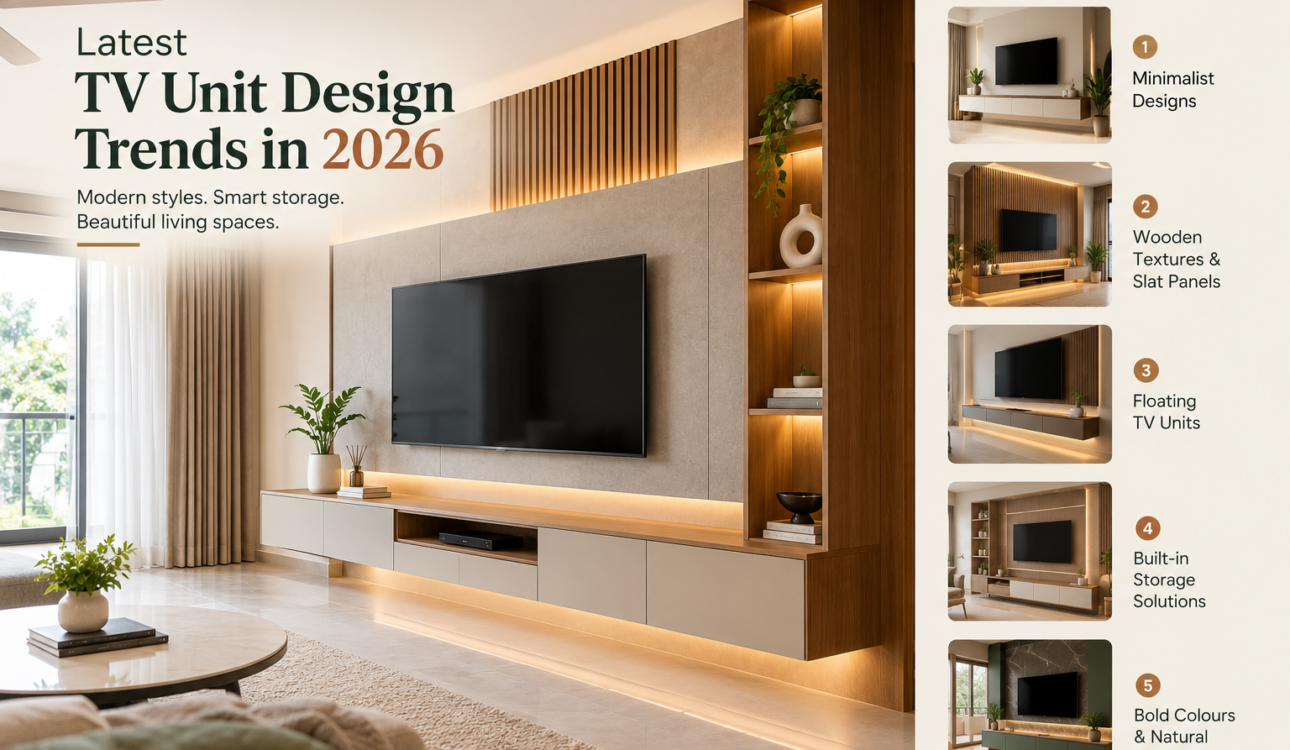 Latest TV unit design trends in 2026 featuring a modern floating TV cabinet, wooden slat panels, built-in storage, and warm LED lighting.
