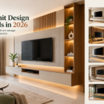 Latest TV unit design trends in 2026 featuring a modern floating TV cabinet, wooden slat panels, built-in storage, and warm LED lighting.