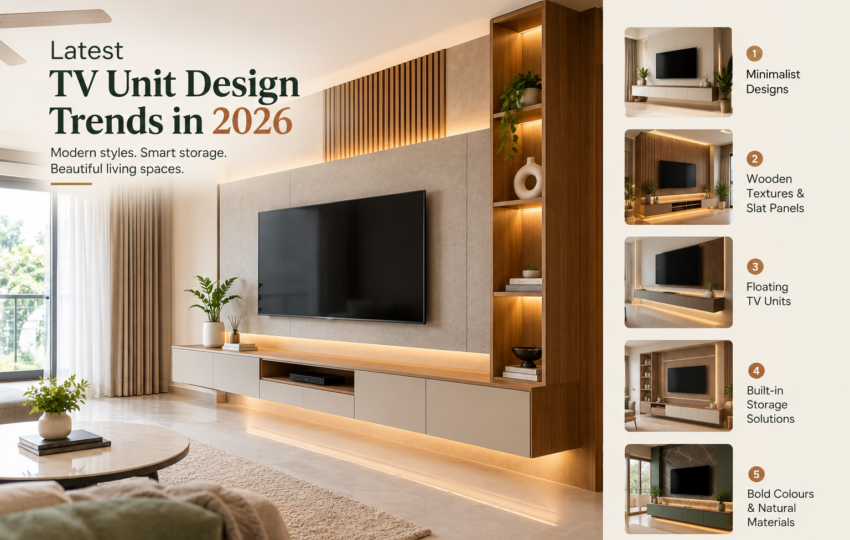 Latest TV unit design trends in 2026 featuring a modern floating TV cabinet, wooden slat panels, built-in storage, and warm LED lighting.