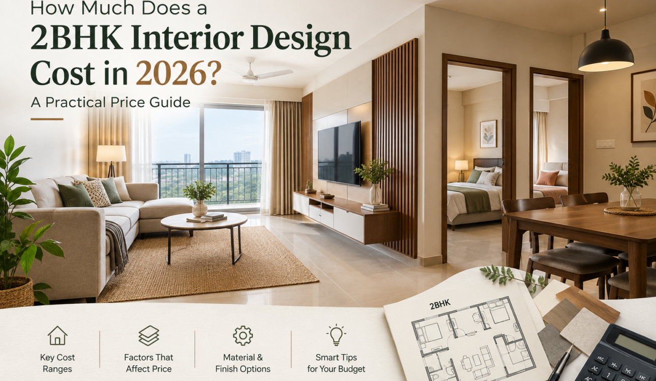 Modern 2BHK apartment interior design illustrating the cost guide for 2026 with a stylish living room, dining area, and bedroom.