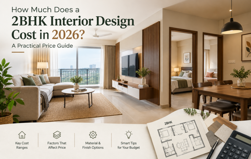 Modern 2BHK apartment interior design illustrating the cost guide for 2026 with a stylish living room, dining area, and bedroom.