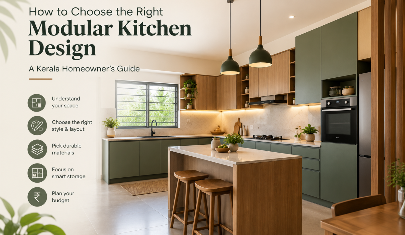 Modern modular kitchen design for Kerala homes featuring green cabinets, wooden finishes, smart storage, and a spacious island.