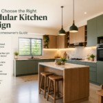 Modern modular kitchen design for Kerala homes featuring green cabinets, wooden finishes, smart storage, and a spacious island.