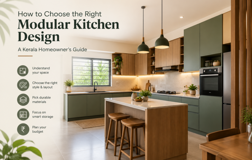 Modern modular kitchen design for Kerala homes featuring green cabinets, wooden finishes, smart storage, and a spacious island.