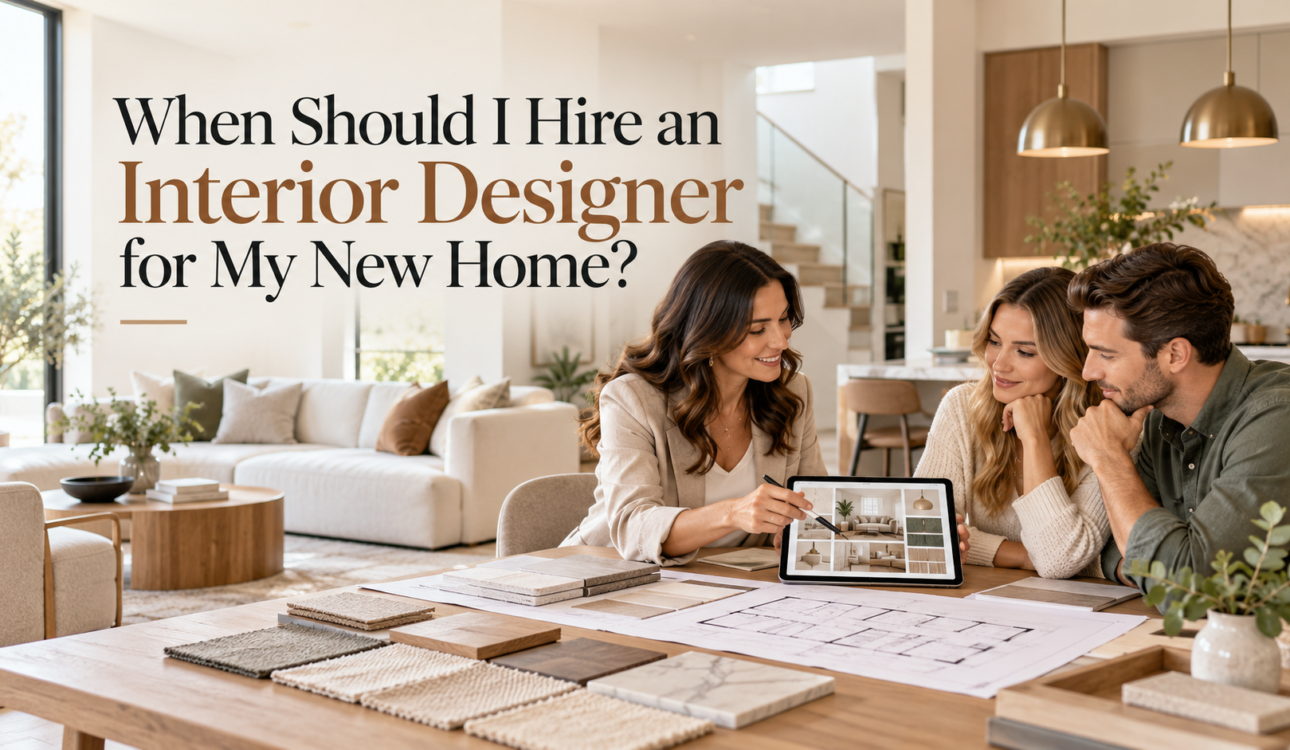 Interior designer discussing home interior plans, material samples, and design ideas with homeowners in a modern living room.
