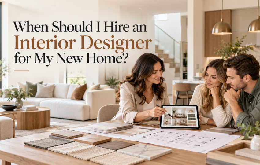 Interior designer discussing home interior plans, material samples, and design ideas with homeowners in a modern living room.